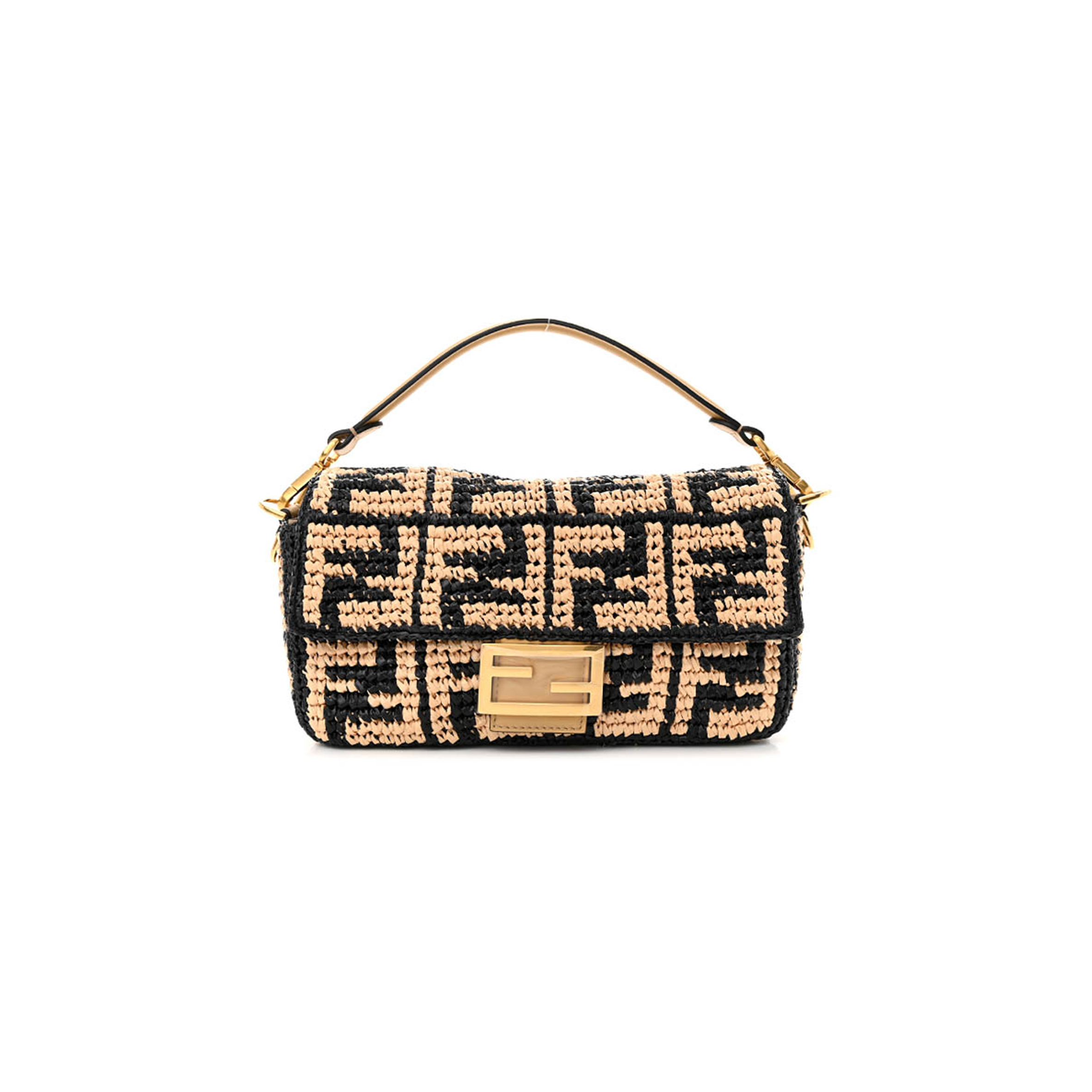 F**di raffia vitello grace ff crochet baguette natural black paglia (27*15*6cm)